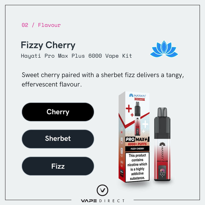 The Fizzy Cherry Hayati Pro Max Plus Vape Kit by Hayati delivers up to 6000 puffs and features a delightful combination of cherry, sherbet, and fizzy flavor notes. The image displays both the device and its packaging.