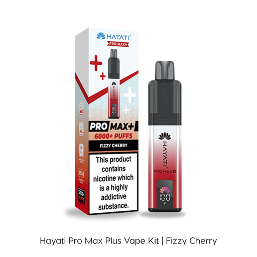 The Fizzy Cherry Hayati Pro Max Plus Vape Kit by Hayati is displayed alongside its packaging. Both the device and box are styled in red, black, and white with cherry-themed graphics. Experience up to 6000 puffs of bold Fizzy Cherry flavor with this vape kit.