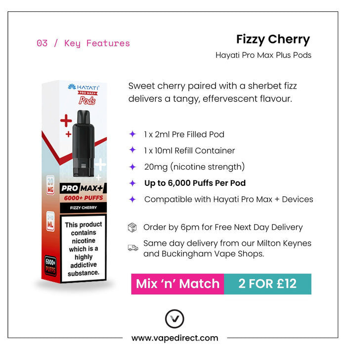 Fizzy Cherry Hayati Pro Max Plus pod key features, 2ml pod, 10ml refill and up to 6000 puffs