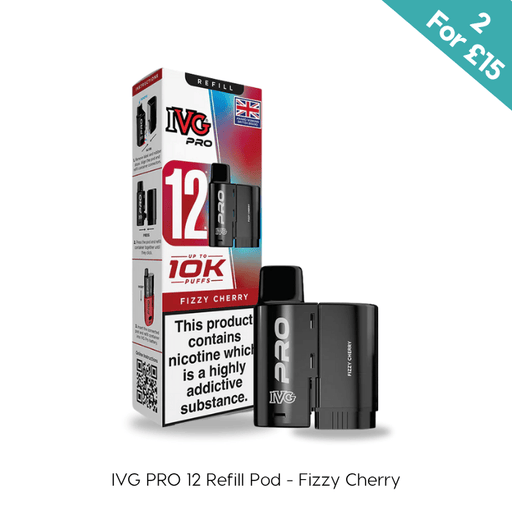Fizzy Cherry IVG PRO 12 prefilled replacement pod pack on a plain background