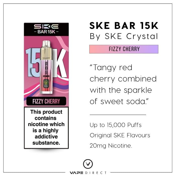 SKE Bar 15K vape in Fizzy Cherry flavour, with up to 15,000 puffs, original SKE Flavours and 20mg nicotine. 