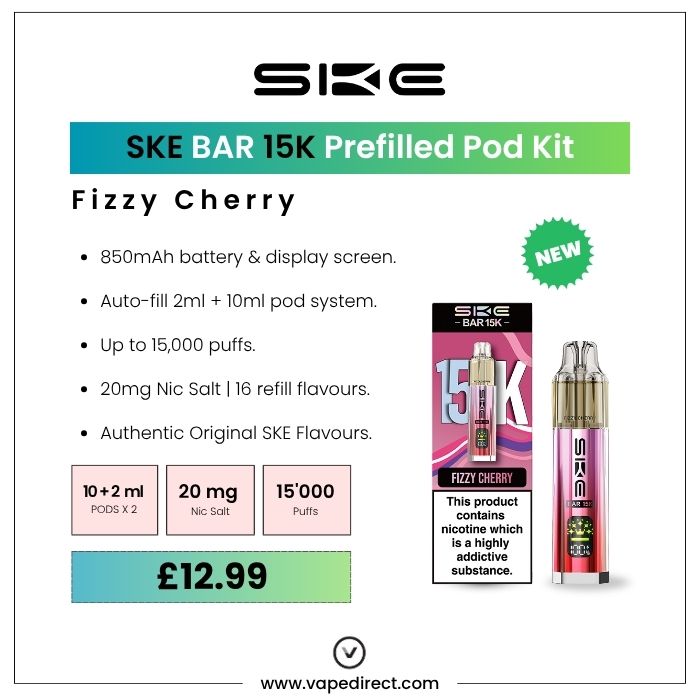 SKE BAR 15k pod kit in Fizzy Cherry flavour. 850mAh battery, 15,000 puffs, and 20mg nic salt. 