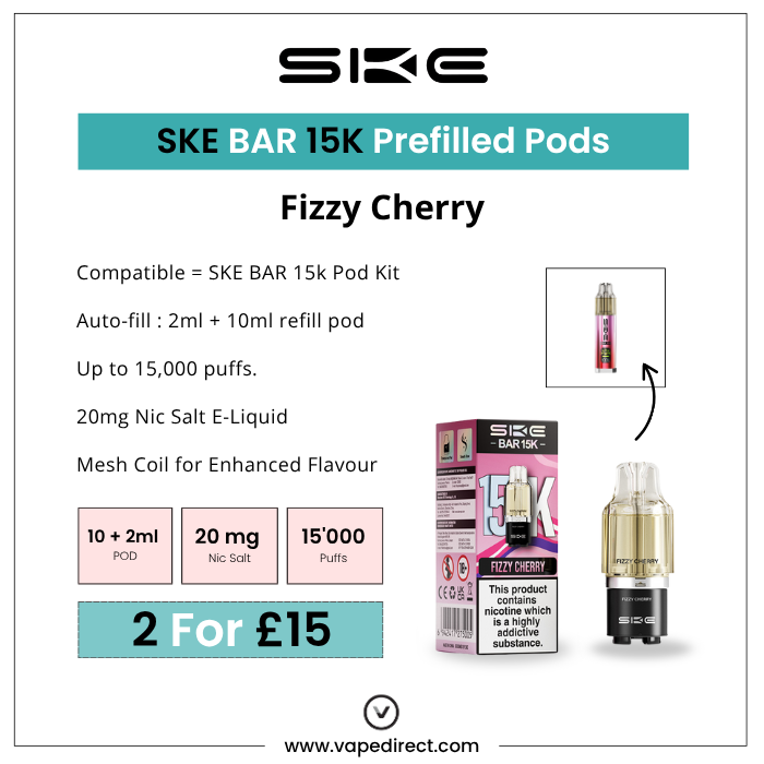 SKE BAR 15K Prefilled Pods in Fizzy Cherry 10ml refill pod, 20mg Nic Salt, 15,000 puffs. 
