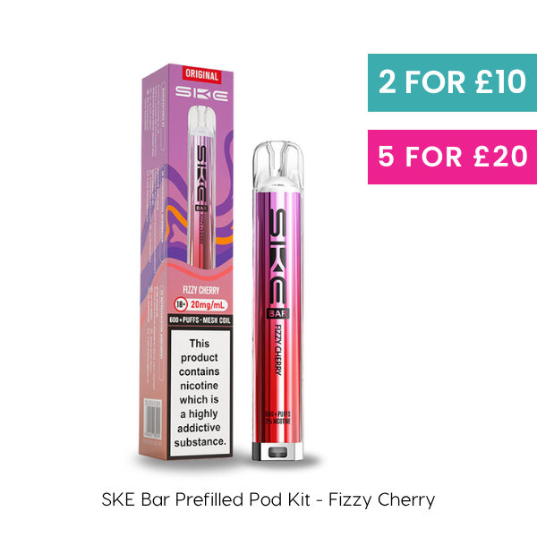 Fizzy Cherry SKE Bar Prefilled Pod Kit, offering 600 puffs and 20mg/ml of nicotine.