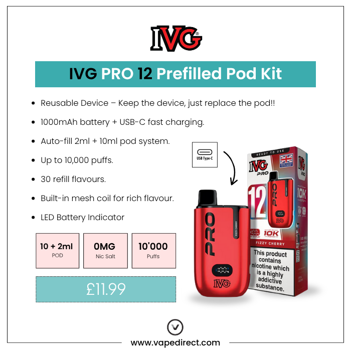 Fizzy Cherry Zero Nic IVG PRO 12 prefilled pod kit key features