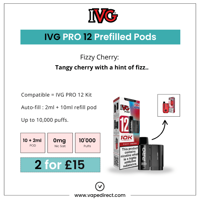 Advertisement for IVG Pro 12 Prefilled Pods with product packaging and text on a white background.