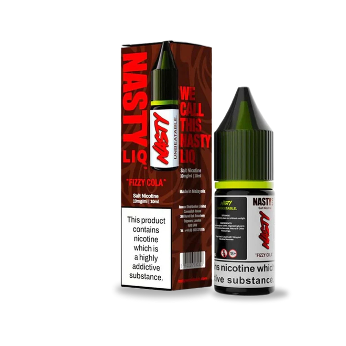 Nasty Fizzy Cola vape juice bottle and packaging on a white background