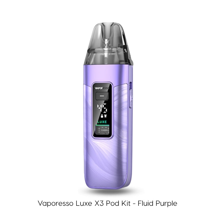 Vaporesso Luxe X3 Pod Kit in Fluid Purple – wave finish with LED display