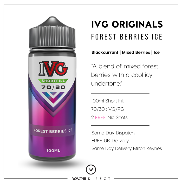 IVG Forest Berries Ice 100ml e-liquid bottle with product details, flavour description Free UK Delivery and same day delivery in milton keynes.
