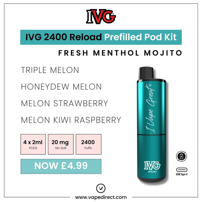 Promotional image for I VG 2400’s Fresh Menthol Mojito 4-in-1 Prefilled Pod Kit, featuring product photo, flavors, main rechargeable vape features, and price: “Now £4.99.”. Available at Vape Direct In Milton Keynes