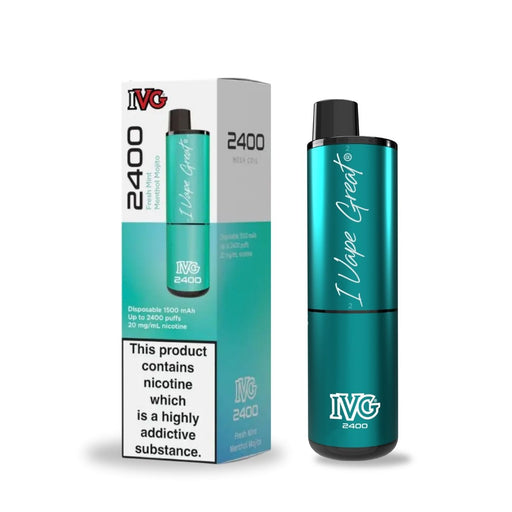 A Fresh Menthol Mojito - IVG 2400 4-in-1 Prefilled Pod Kit stands upright beside its box, displaying details. This rechargeable vape by I VG 2400 delivers convenience and flavor in a sleek, easy-to-use design. Available at Vape Direct In Milton Keynes