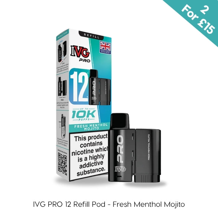 IVG Pro 12 Refill Pod in Fresh Menthol Mojito – 10,000 puffs, 20mg nicotine salt, shown with pod and box, 2 for £15