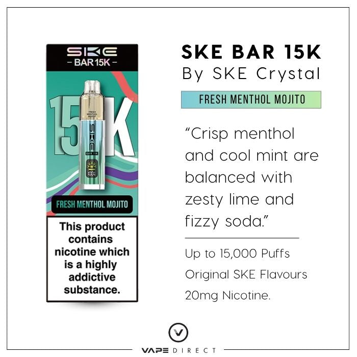 SKE Bar 15K vape in Fresh Menthol Mojito flavour, with up to 15,000 puffs, original SKE Flavours and 20mg nicotine. 