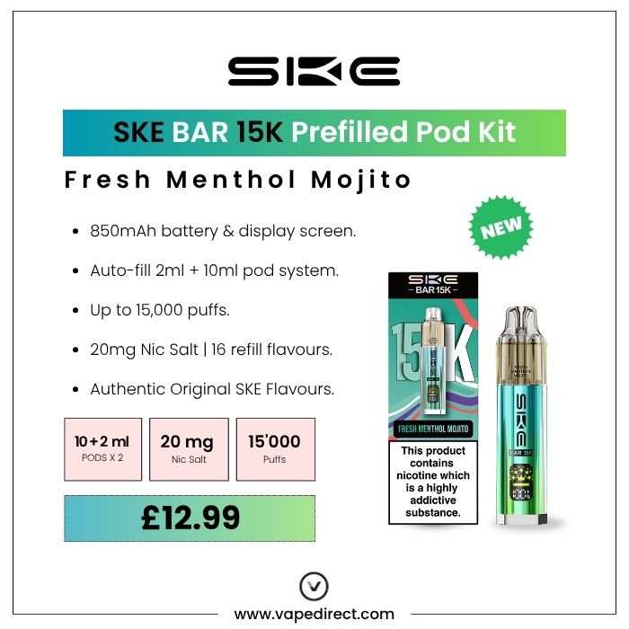 SKE BAR 15k pod kit in Fresh Menthol Mojito flavour. 850mAh battery, 15,000 puffs, and 20mg nic salt. 