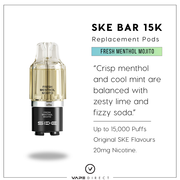 SKE BAR 15K replacement pods in Fresh Menthol Mojito flavour with a 10ml refill pod and flavour description.