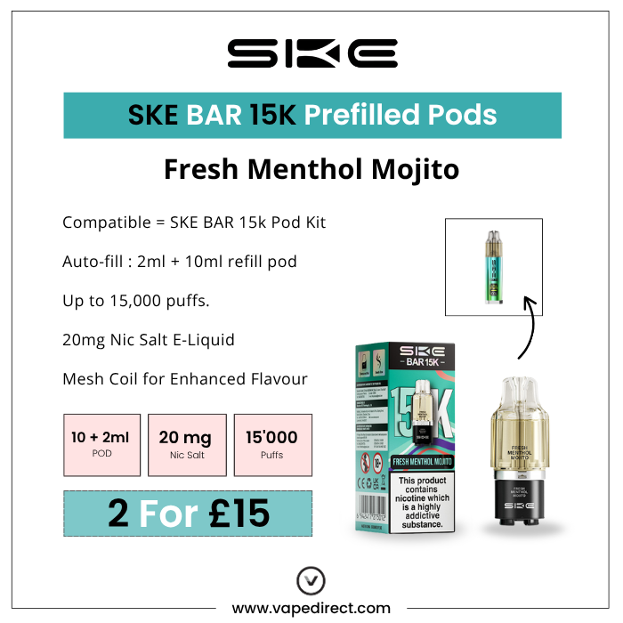 SKE BAR 15K Prefilled Pods Fresh Menthol Mojito 10ml refill pod, 20mg Nic Salt, 15,000 puffs