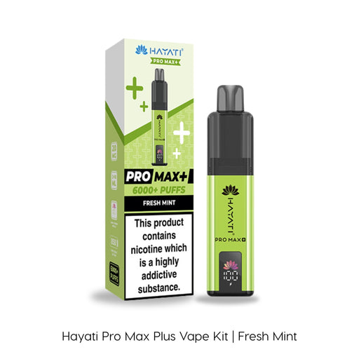 A Fresh Mint Hayati Pro Max Plus Vape Kit by Hayati in green and black, with its packaging labeled "Fresh Mint," offering up to 6000 puffs.