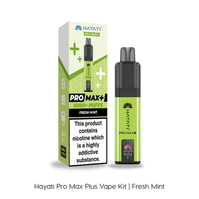 A Fresh Mint Hayati Pro Max Plus Vape Kit by Hayati in green and black, with its packaging labeled "Fresh Mint," offering up to 6000 puffs.