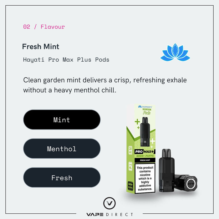 Fresh Mint Hayati Pro Max Plus pod flavour card showing spearmint, peppermint and ice notes