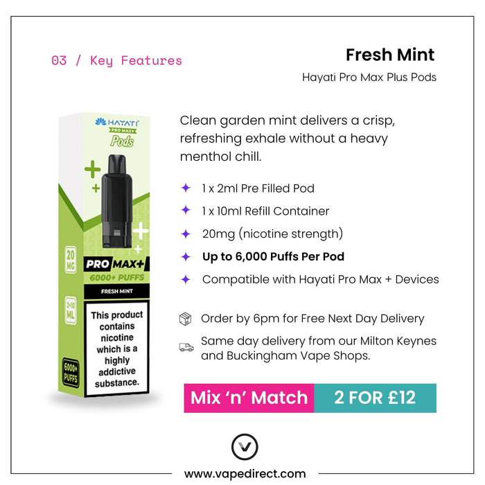 Fresh Mint Hayati Pro Max Plus pod key features, 2ml pod, 10ml refill and up to 6000 puffs