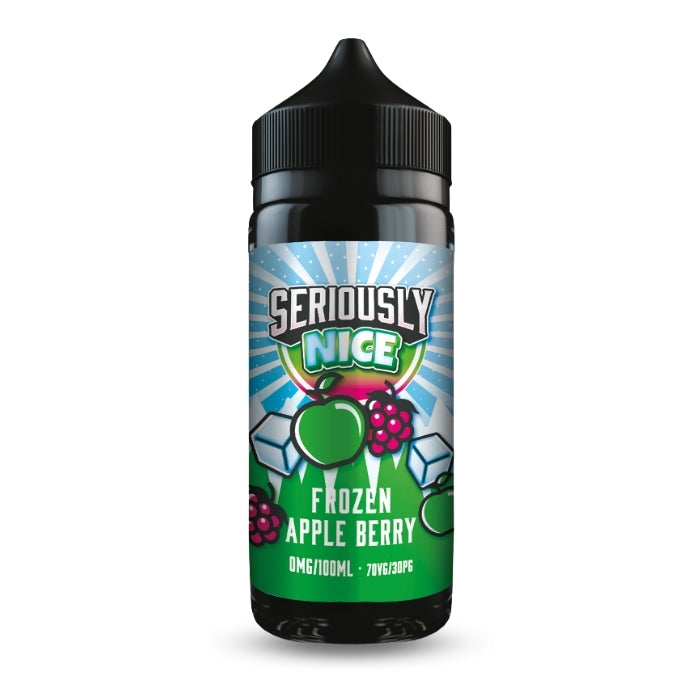 Seriously Nice Frozen Apple Berry 100ml shortfill e-liquid – 0mg, 70VG/30PG, shown in large black bottle with green and blue label