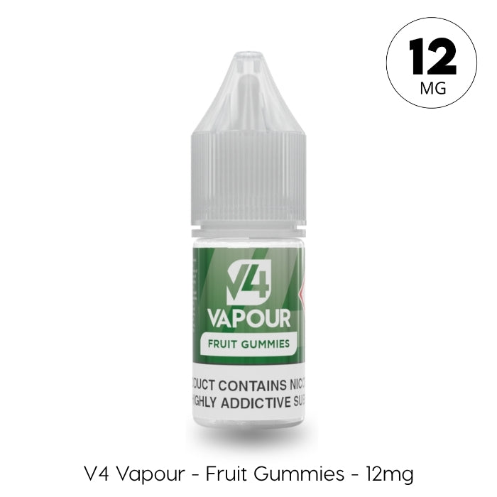 A 10ml bottle of V4 Vapour - Fruit Gummies E-Liquid, branded by V4 Vapour, with a green label and clear plastic nozzle cap. Text: "V4 Vapour - Fruit Gummies - 12mg". Available at Vape Direct In Milton Keynes