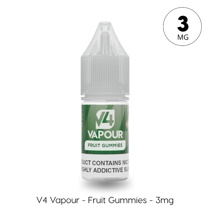 A 10ml plastic bottle of V4 Vapour - Fruit Gummies E-Liquid with a green label and 3mg nicotine strength. Available at Vape Direct In Milton Keynes