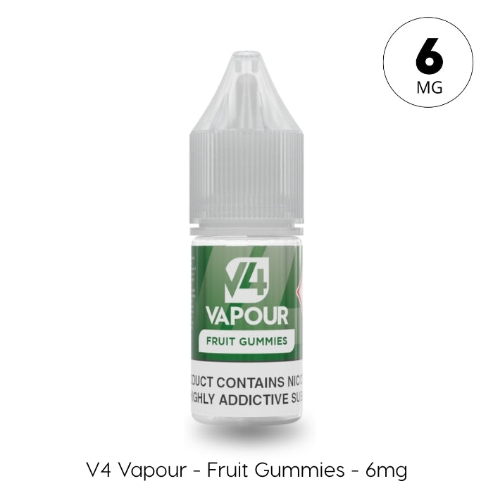 A 10ml plastic bottle of V4 Vapour - Fruit Gummies E-Liquid features a green and white label, clear cap, and “6 MG” in the top right corner. Text: “V4 Vapour – Fruit Gummies – 6mg.” Brand: V4 Vapour. Available at Vape Direct In Milton Keynes