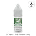 A 10ml plastic bottle of V4 Vapour - Fruit Gummies E-Liquid features a green and white label, clear cap, and “6 MG” in the top right corner. Text: “V4 Vapour – Fruit Gummies – 6mg.” Brand: V4 Vapour. Available at Vape Direct In Milton Keynes