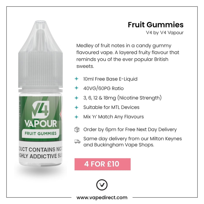 V4 Vapour - Fruit Gummies 10ml E-Liquid by V4 Vapour features fresh green design, offers a choice of nicotine strengths, same-day delivery, and special pricing (4 for £10). Available at Vape Direct In Milton Keynes