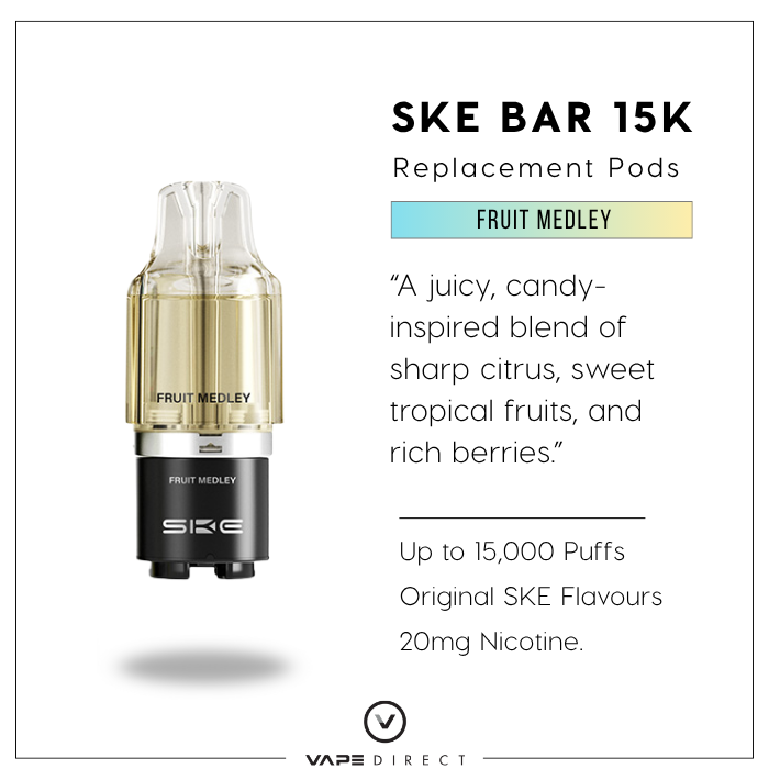 SKE BAR 15K replacement pod with fruit medley flavor description on a white background