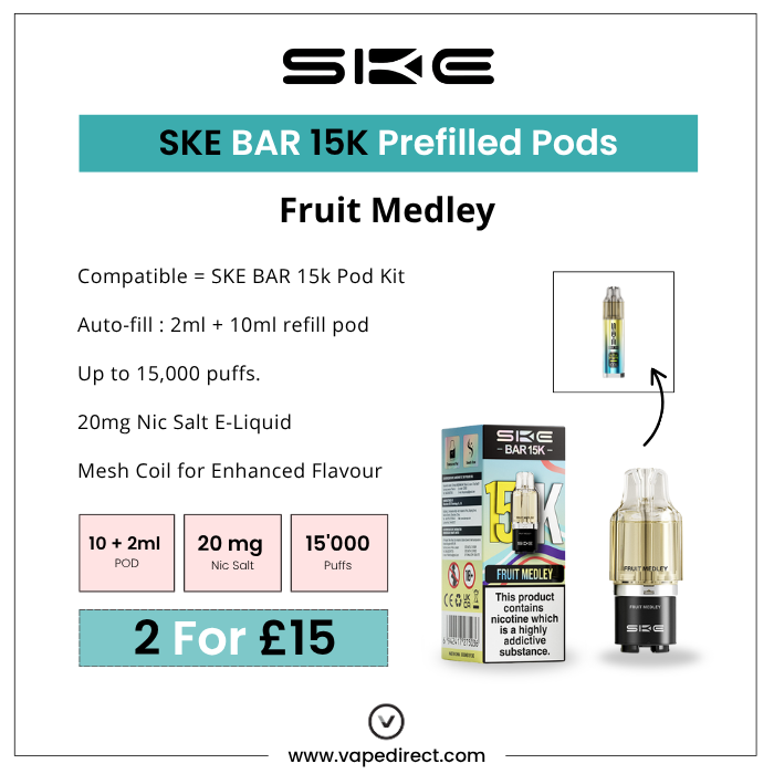 SKE BAR 15K Prefilled Pods Fruit Medley. 10ml refill pod, 20mg Nic Salt, 15,000 puffs. 