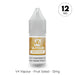A 10ml bottle of V4 Vapour - Fruit Salad E-Liquid with 12mg nicotine, yellow label, clear cap, and the product name clearly shown. Available at Vape Direct In Milton Keynes