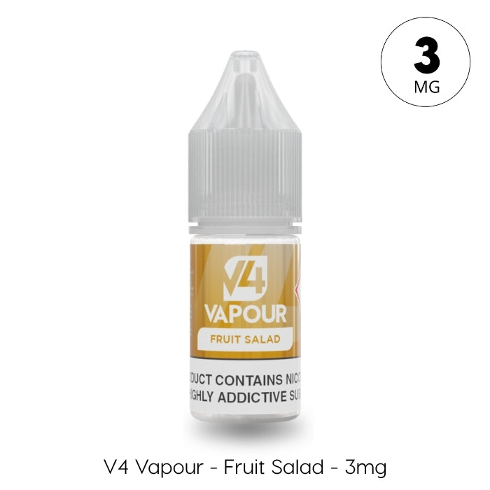 A 10ml bottle of V4 Vapour - Fruit Salad E-Liquid (3mg nicotine), featuring a yellow label and clear plastic cap. Available at Vape Direct In Milton Keynes