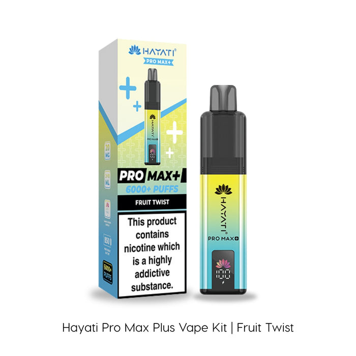 A Fruit Twist Hayati Pro Max Plus Vape Kit by Hayati is shown alongside its packaging. This device delivers up to 6000 puffs for an extended, flavorful vaping experience.