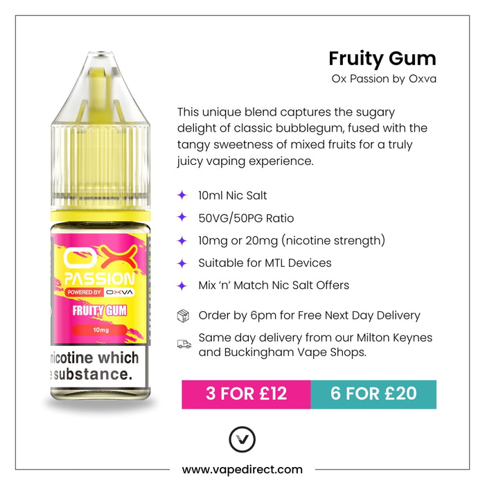 Fruity Gum Nic Salt Eliquid by Ox Passion | Vape Direct Fruity Gum Nic Salt Eliquid by Ox Passion | Vape Direct
