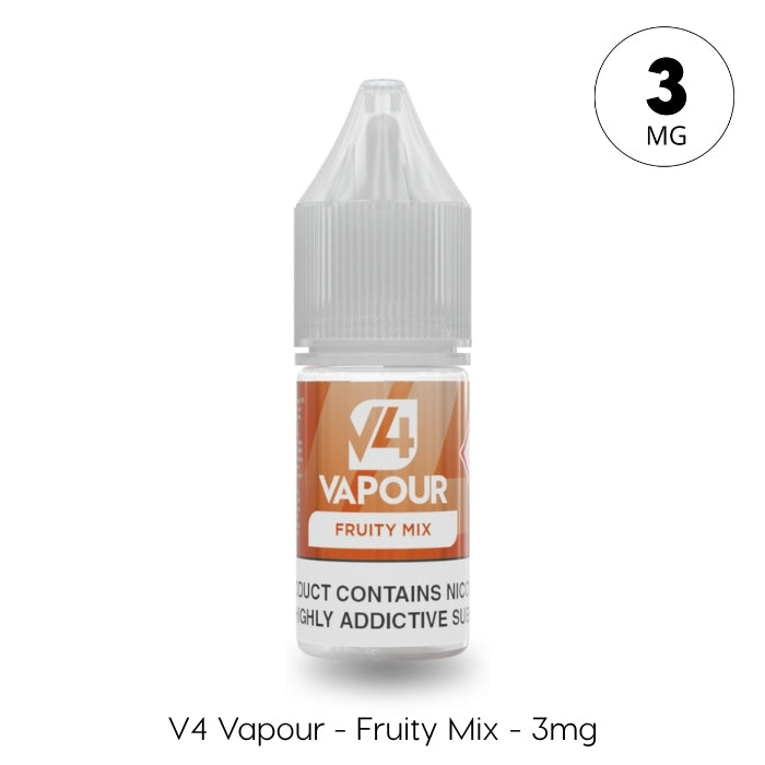 V4 Vapour - Fruity Mix 10ml E-Liquid by V4 Vapour comes in a compact bottle featuring an orange design, with its label emphasizing the fruity blend flavor. Available at Vape Direct In Milton Keynes