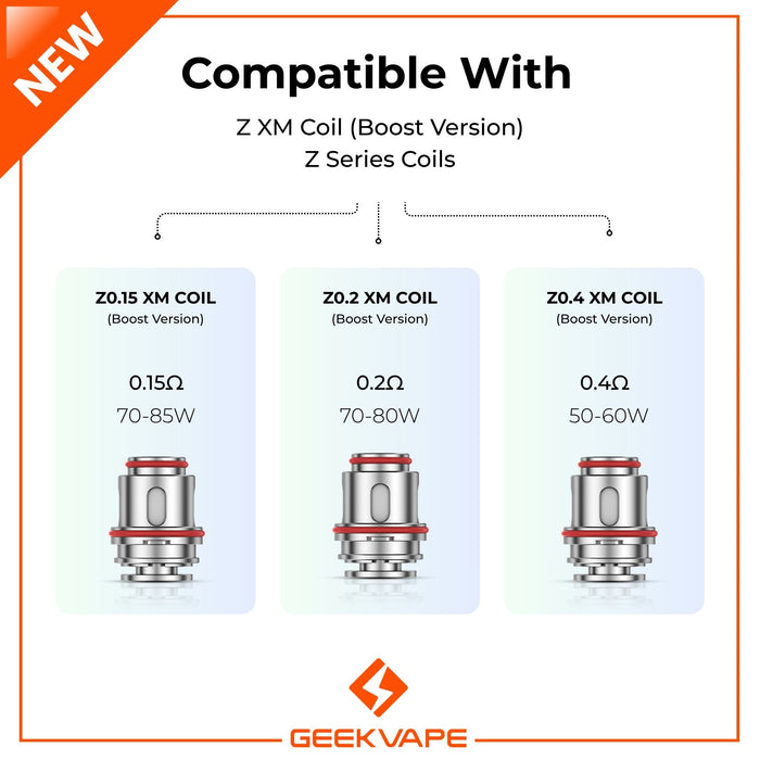 Infographic showcases three Geekvape Z XM Coils for the Geekvape Z Sub Ohm Tank 5: 0.15Ω (70-85W), 0.2Ω (70-80W), and 0.4Ω (50-60W); all compatible with Z Series Boost coils. Available at Vape Direct In Milton Keynes