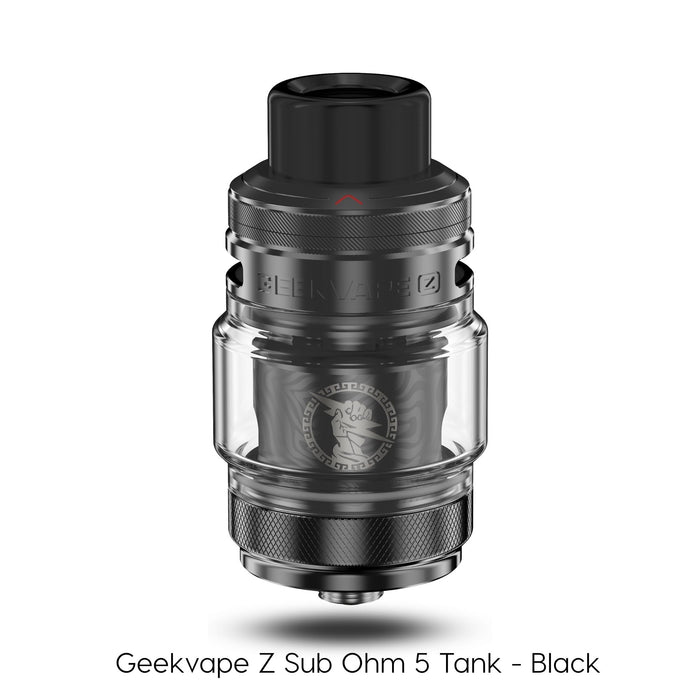 A Geekvape Z Sub Ohm Tank 5 by Geekvape stands upright, featuring a clear glass section, metallic accents, and a wide black mouthpiece. Text below: Geekvape Z Sub Ohm Tank 5 – Black, designed for sub-ohm vaping performance. Available at Vape Direct In Milton Keynes