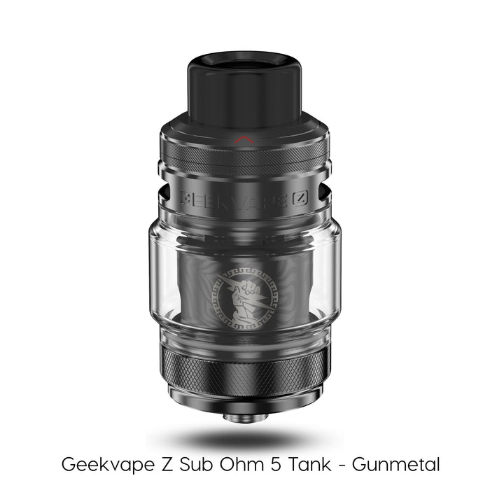 The Geekvape Z Sub Ohm Tank 5 by Geekvape features a metallic gunmetal finish, wide drip tip, clear glass tank, detailed branding, and is compatible with Z Series Boost coils. Available at Vape Direct In Milton Keynes