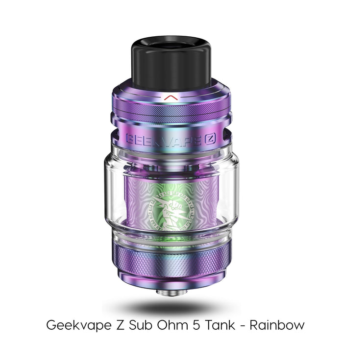 A rainbow metallic Geekvape Z Sub Ohm Tank 5 with a clear glass chamber and black top, compatible with Z Series Boost coils. Text: Geekvape Z Sub Ohm Tank 5 - Rainbow. Available at Vape Direct In Milton Keynes
