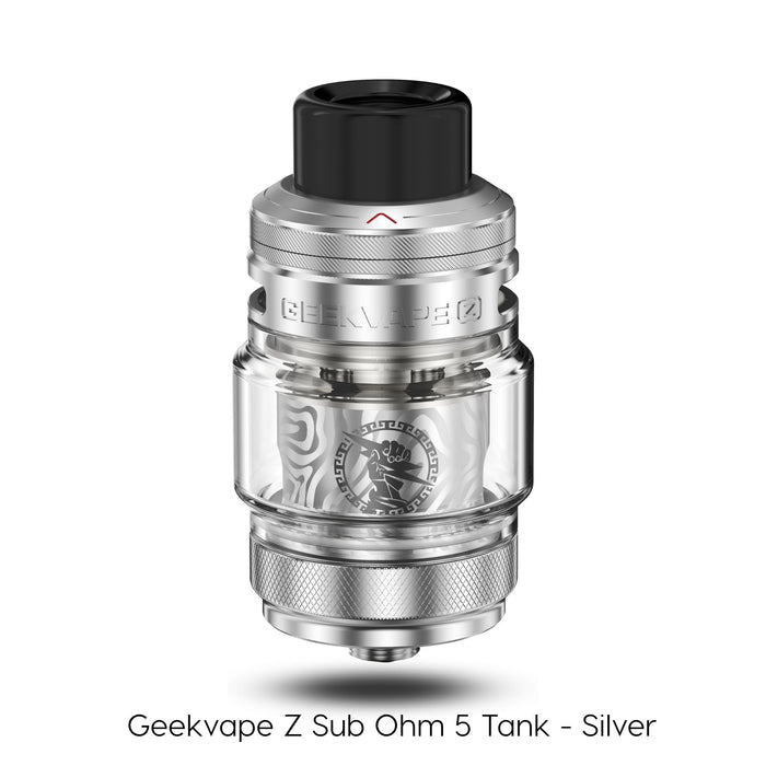 A silver Geekvape Z Sub Ohm Tank 5 with a black mouthpiece and clear glass chamber stands upright. Text: Geekvape Z Sub Ohm Tank 5 by Geekvape—compatible with Z Series Boost coils for superior sub-ohm vaping. Available at Vape Direct In Milton Keynes