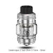 A silver Geekvape Z Sub Ohm Tank 5 with a black mouthpiece and clear glass chamber stands upright. Text: Geekvape Z Sub Ohm Tank 5 by Geekvape—compatible with Z Series Boost coils for superior sub-ohm vaping. Available at Vape Direct In Milton Keynes