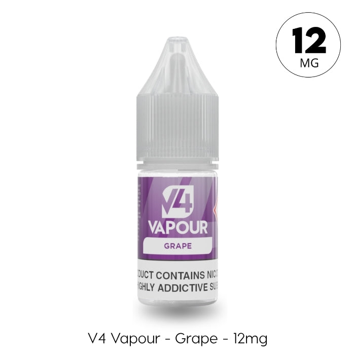 V4 Vapour - Grape 10ml E-Liquid, 12mg nicotine, comes in a clear bottle with a purple label—ideal for MTL Vape Kits. Available at Vape Direct In Milton Keynes
