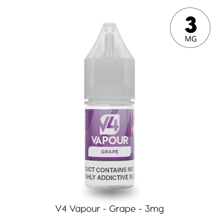 A 10ml bottle of V4 Vapour - Grape E-Liquid by V4 Vapour with a purple label, gray cap, and 3mg nicotine text is shown. Suitable for MTL Vape Kits, "V4 Vapour - Grape – 3mg" appears below the bottle in the image. Available at Vape Direct In Milton Keynes