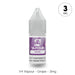 A 10ml bottle of V4 Vapour - Grape E-Liquid by V4 Vapour with a purple label, gray cap, and 3mg nicotine text is shown. Suitable for MTL Vape Kits, "V4 Vapour - Grape – 3mg" appears below the bottle in the image. Available at Vape Direct In Milton Keynes