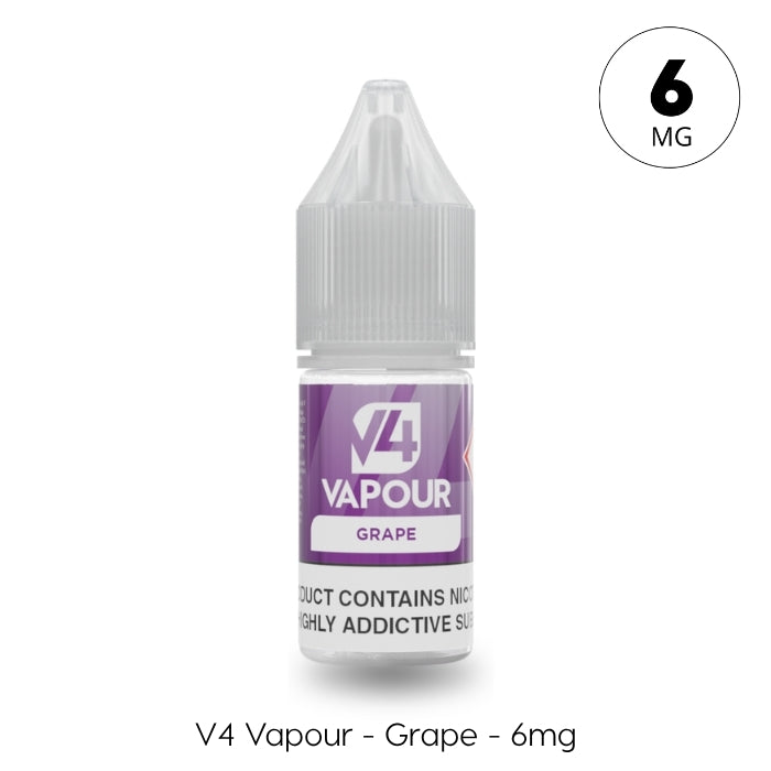 The 10ml V4 Vapour - Grape E-Liquid, labeled "6 mg," features a purple and white label stating it contains nicotine. Perfect for use with MTL Vape Kits. Available at Vape Direct In Milton Keynes