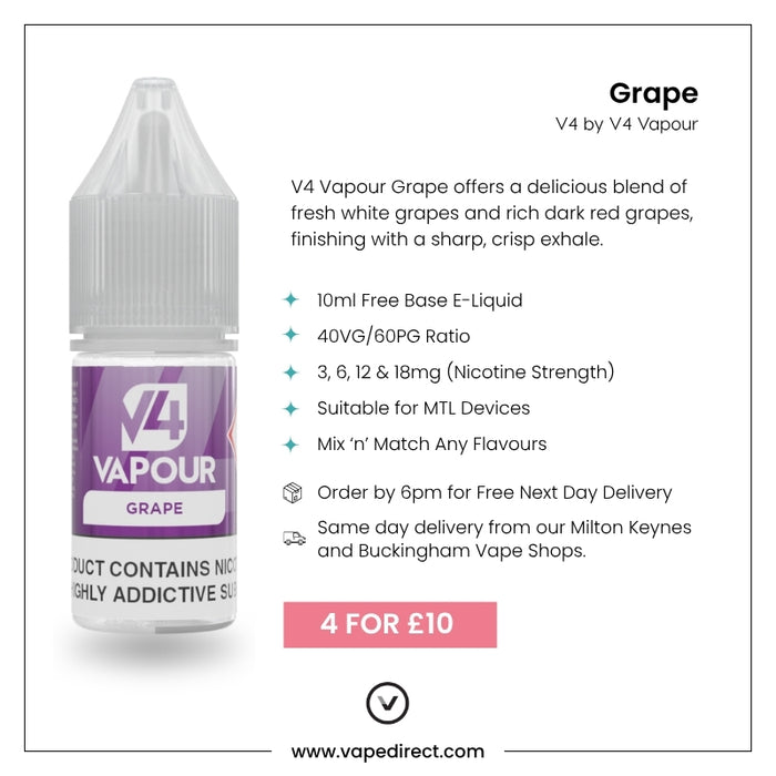 V4 Vapour - Grape 10ml E-Liquid by V4 Vapour, perfect for MTL Vape Kits, highlights its 40VG/60PG blend, various nicotine strengths, next day delivery, a 4 for £10 deal, plus bottle and grape graphics. Available at Vape Direct In Milton Keynes