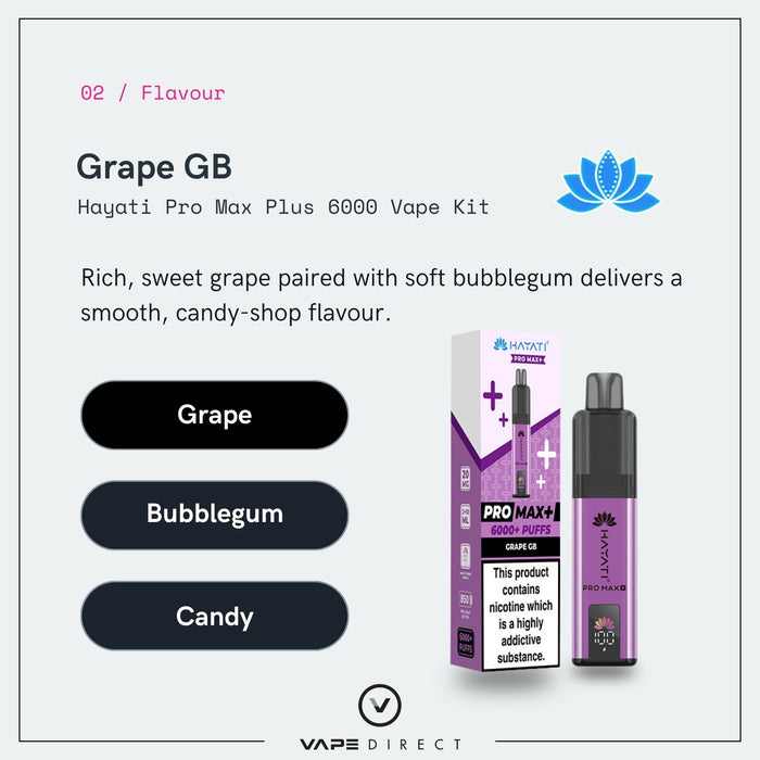 The Grape GB Hayati Pro Max Plus Vape Kit by Hayati is displayed alongside its box, which features a grape-themed design. Text emphasizes its rich grape and bubblegum candy flavor, and the device offers up to 6000 puffs. Three flavor icons display Grape, Bubblegum, and Candy.