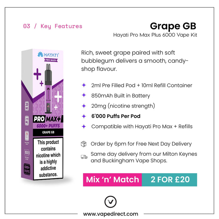 Promotional image for the Grape GB Hayati Pro Max Plus Vape Kit by Hayati, showcasing features including 6000 puffs, a pre-filled 2ml pod, an 850mAh battery, and a special “2 for £20” offer.